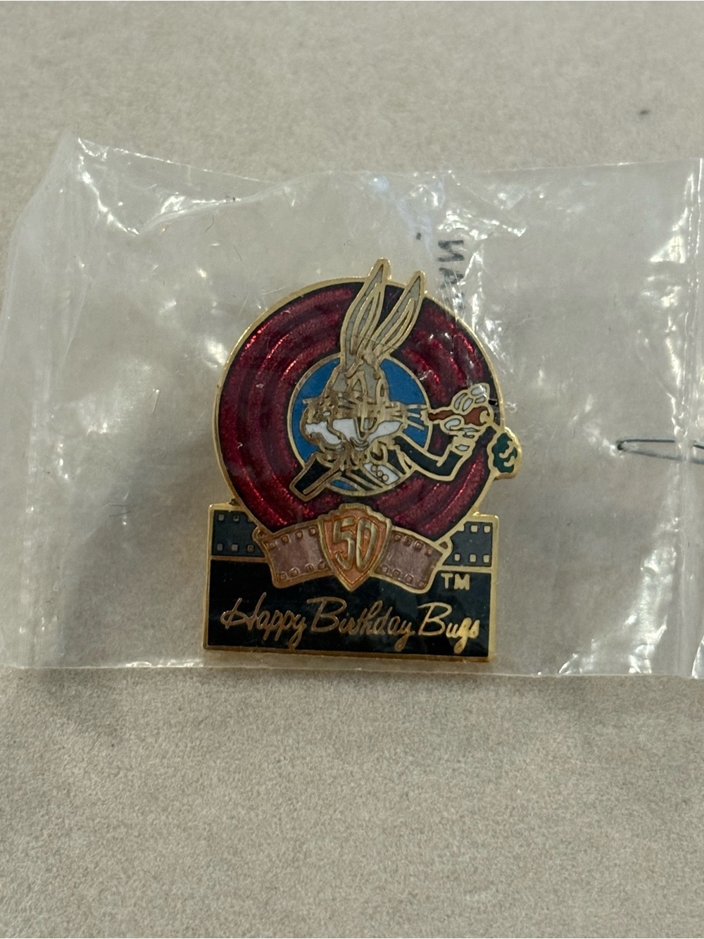 Happy Birthday Bugs 50th Anniversary Enamel Pin – Red and Blue
